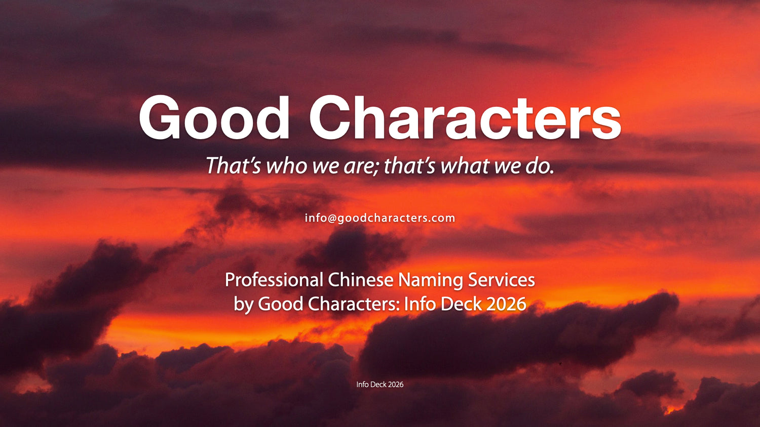 Slogan 'Good Characters: That's who we are; that's what we do.' with a sunset background.
